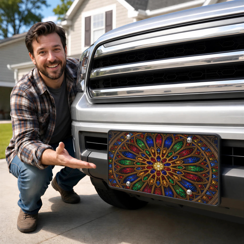 Stained Glass Rose Window Cathedral Vanity Plate - Road Muse