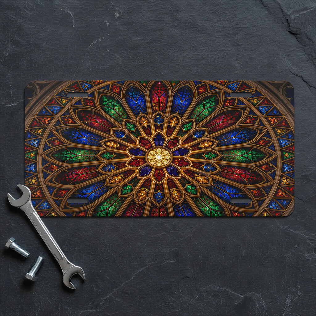 Stained Glass Rose Window Cathedral Vanity Plate - Road Muse