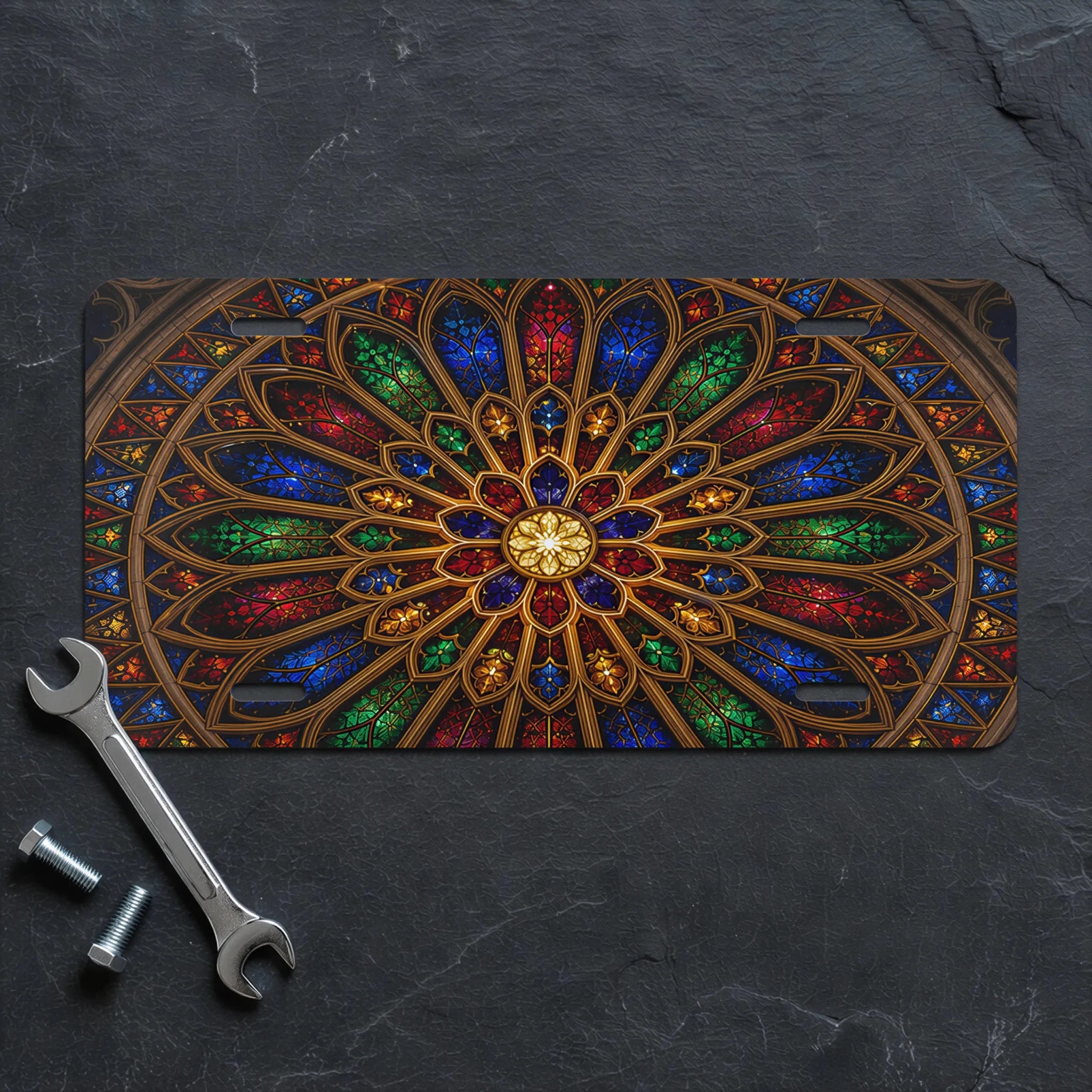 Stained Glass Rose Window Cathedral Vanity Plate - Road Muse