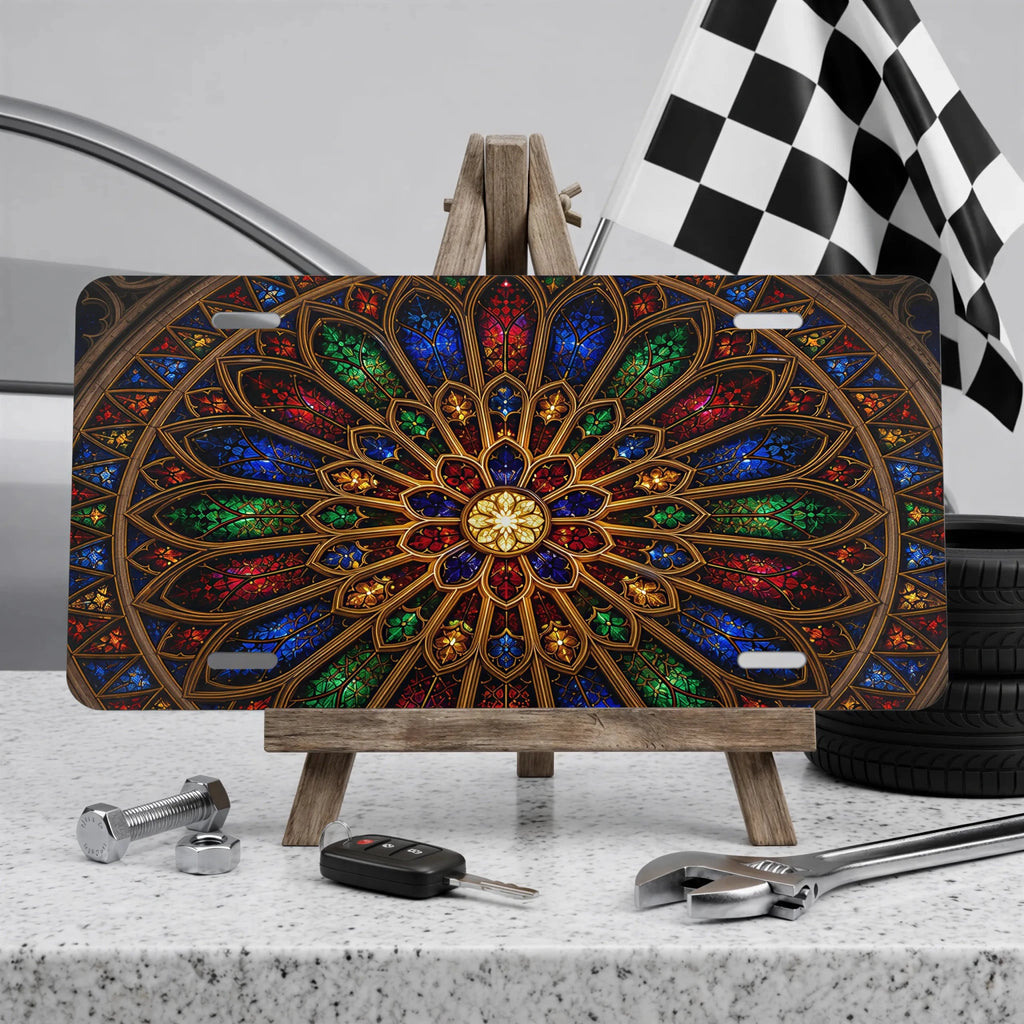 Stained Glass Rose Window Cathedral Vanity Plate - Road Muse