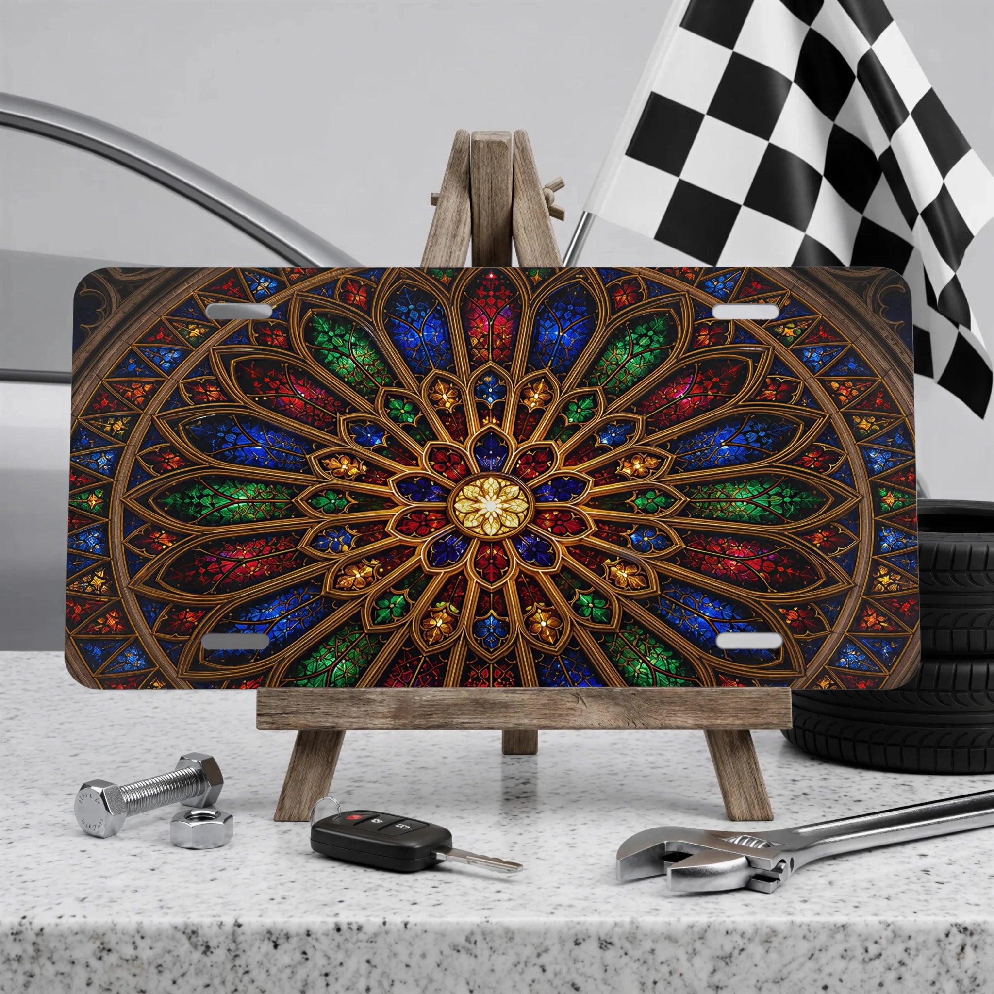 Stained Glass Rose Window Cathedral Vanity Plate - Road Muse