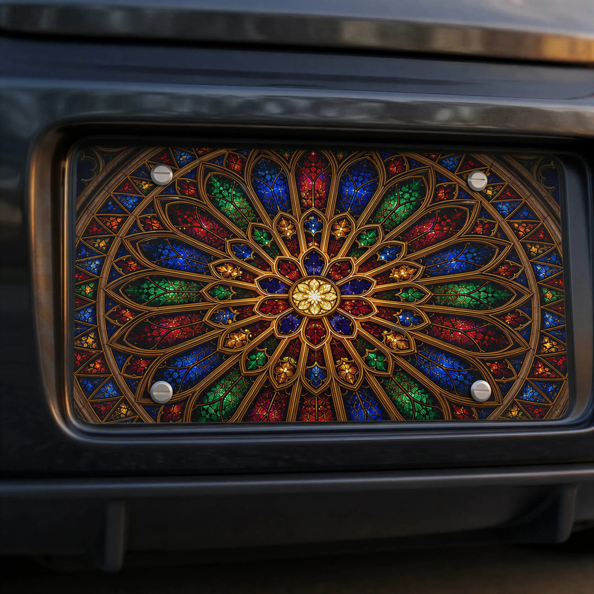 Stained Glass Rose Window Cathedral Vanity Plate - Road Muse