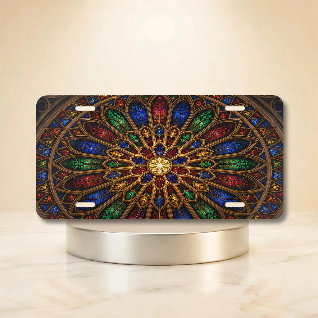 Stained Glass Rose Window Cathedral Vanity Plate - Road Muse