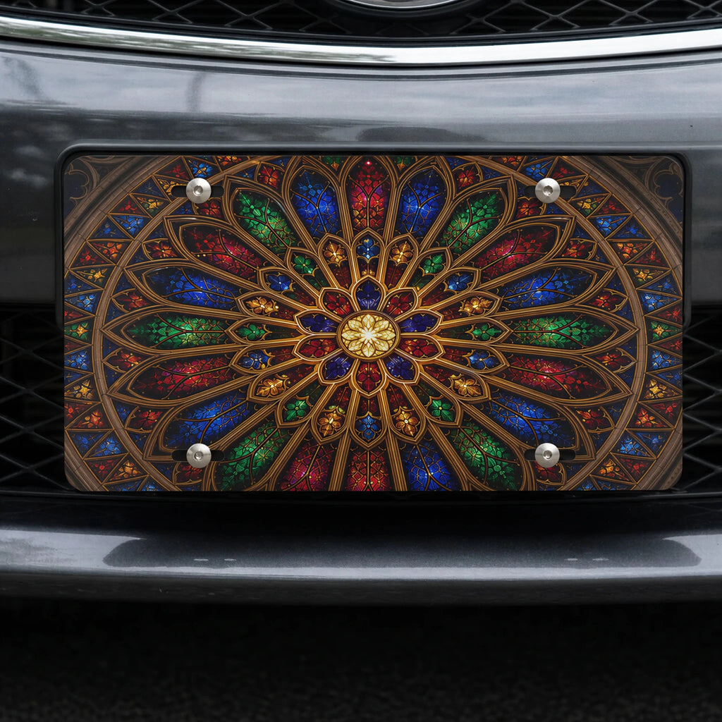 Stained Glass Rose Window Cathedral Vanity Plate - Road Muse