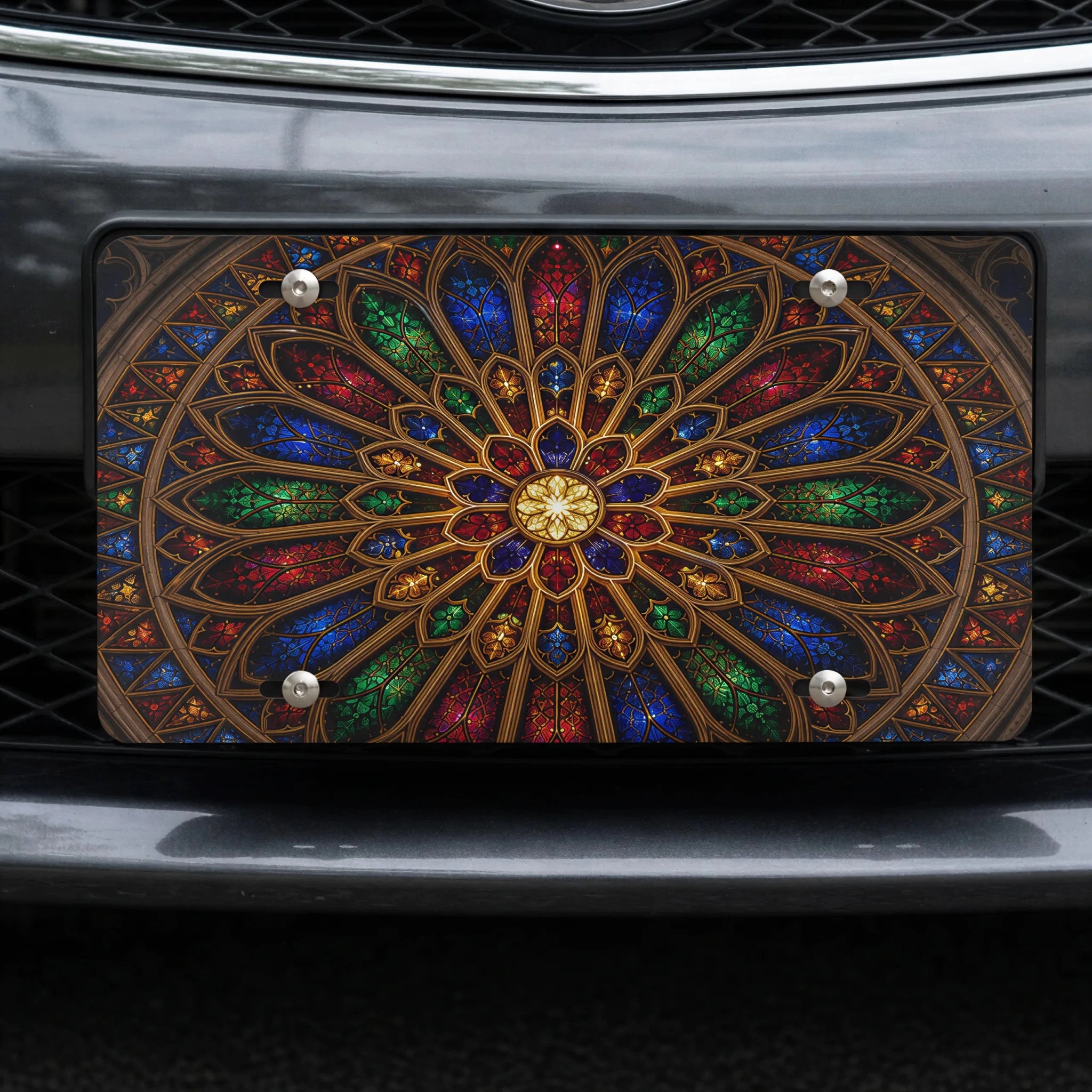 Stained Glass Rose Window Cathedral Vanity Plate - Road Muse