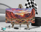 desert vanity plate displayed on stand — decorative aluminum license plate art