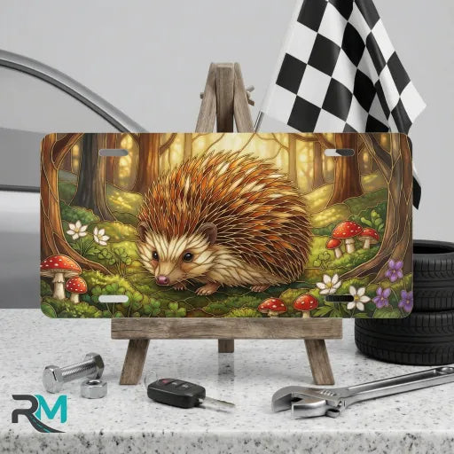 woodland hedgehog vanity plate on display stand — golden green hedgehog moss aluminum plate