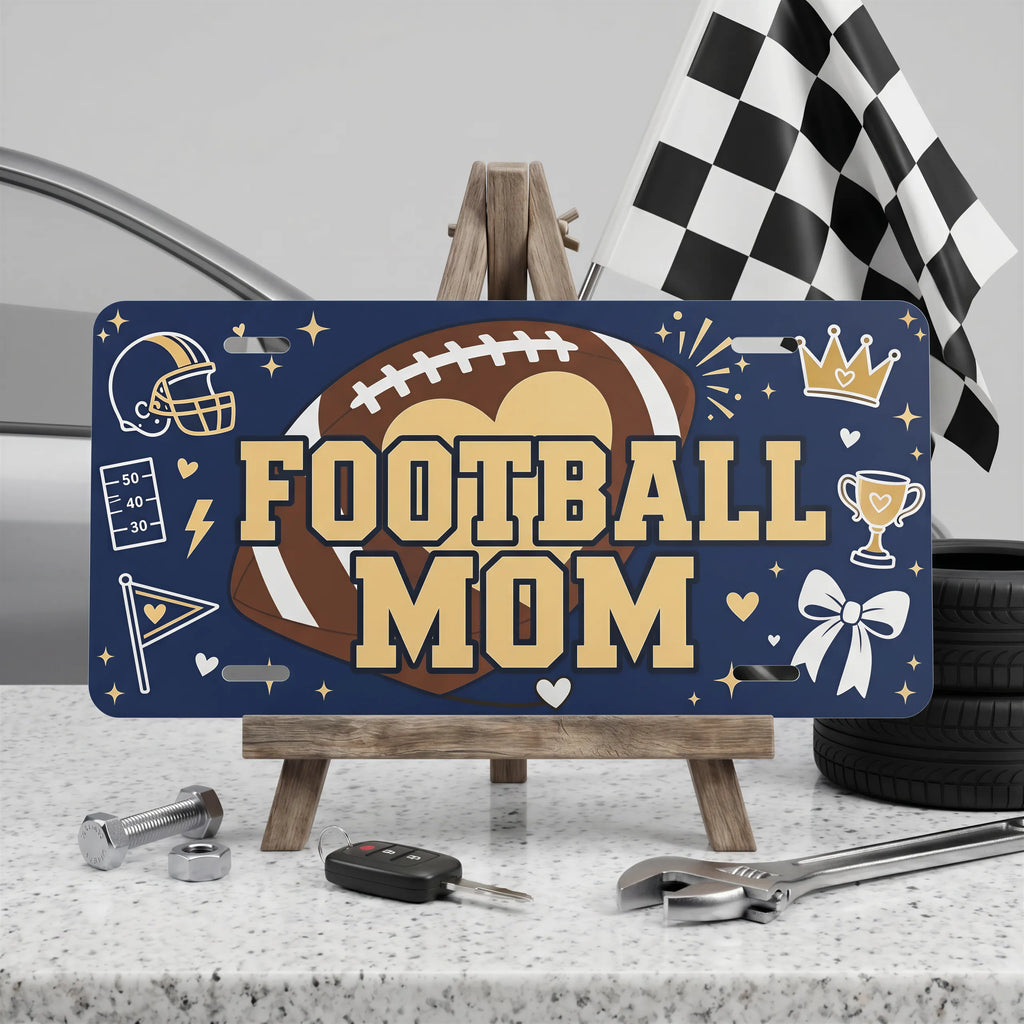 football mom vanity plate on display stand — deep navy football helmet trophy aluminum plate
