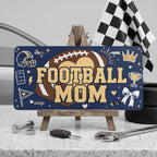 football mom vanity plate on display stand — deep navy football helmet trophy aluminum plate