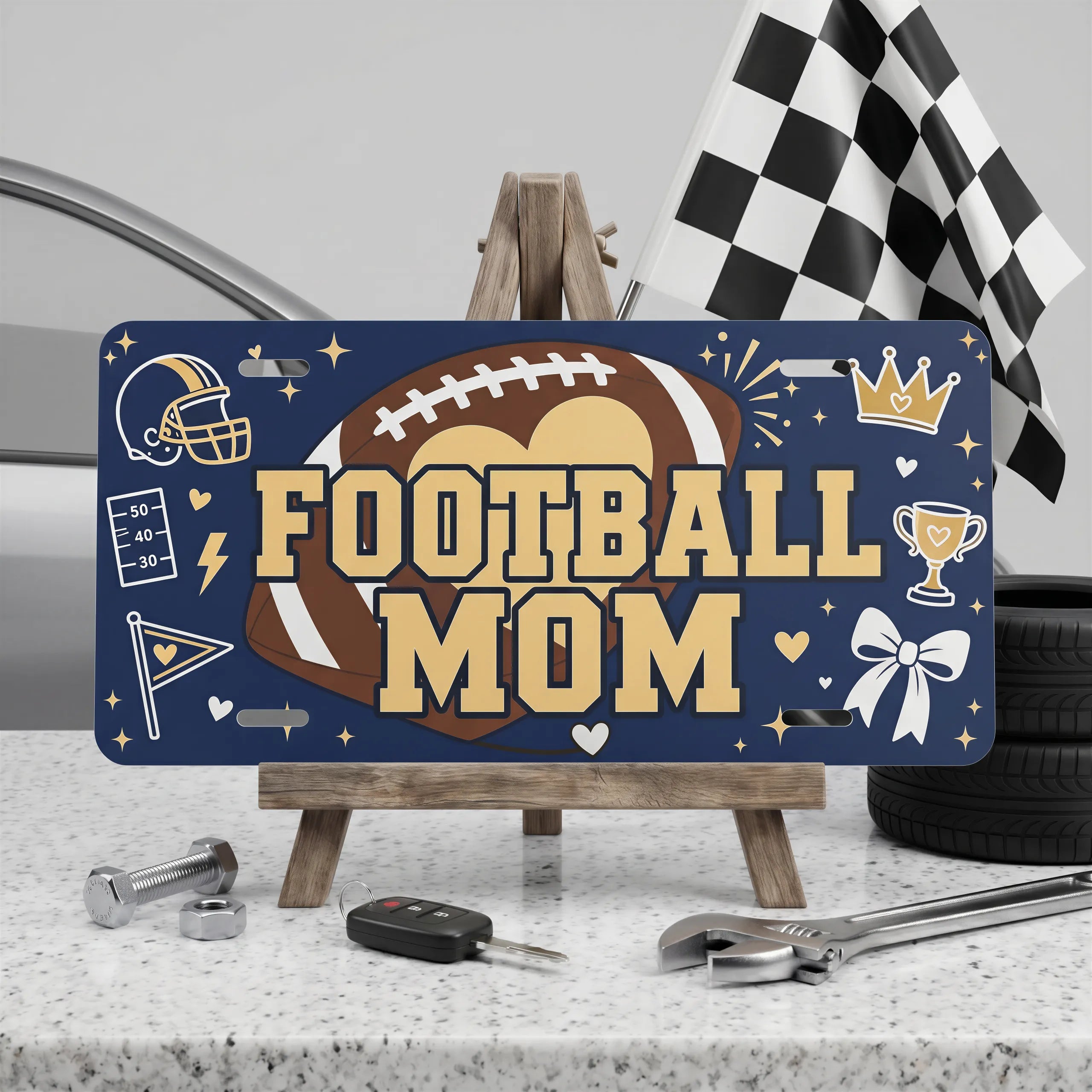 football mom vanity plate on display stand — deep navy football helmet trophy aluminum plate