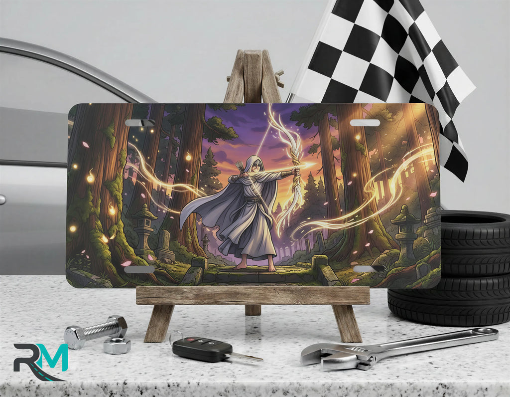forest wizard vanity plate on display stand — deep purple gold wizard ancient trees aluminum plate