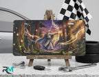 forest wizard vanity plate on display stand — deep purple gold wizard ancient trees aluminum plate
