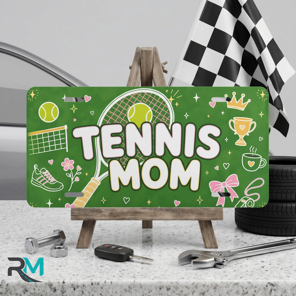 tennis mom vanity plate on display stand — fresh green tennis racket ball aluminum plate