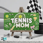 tennis mom vanity plate on display stand — fresh green tennis racket ball aluminum plate