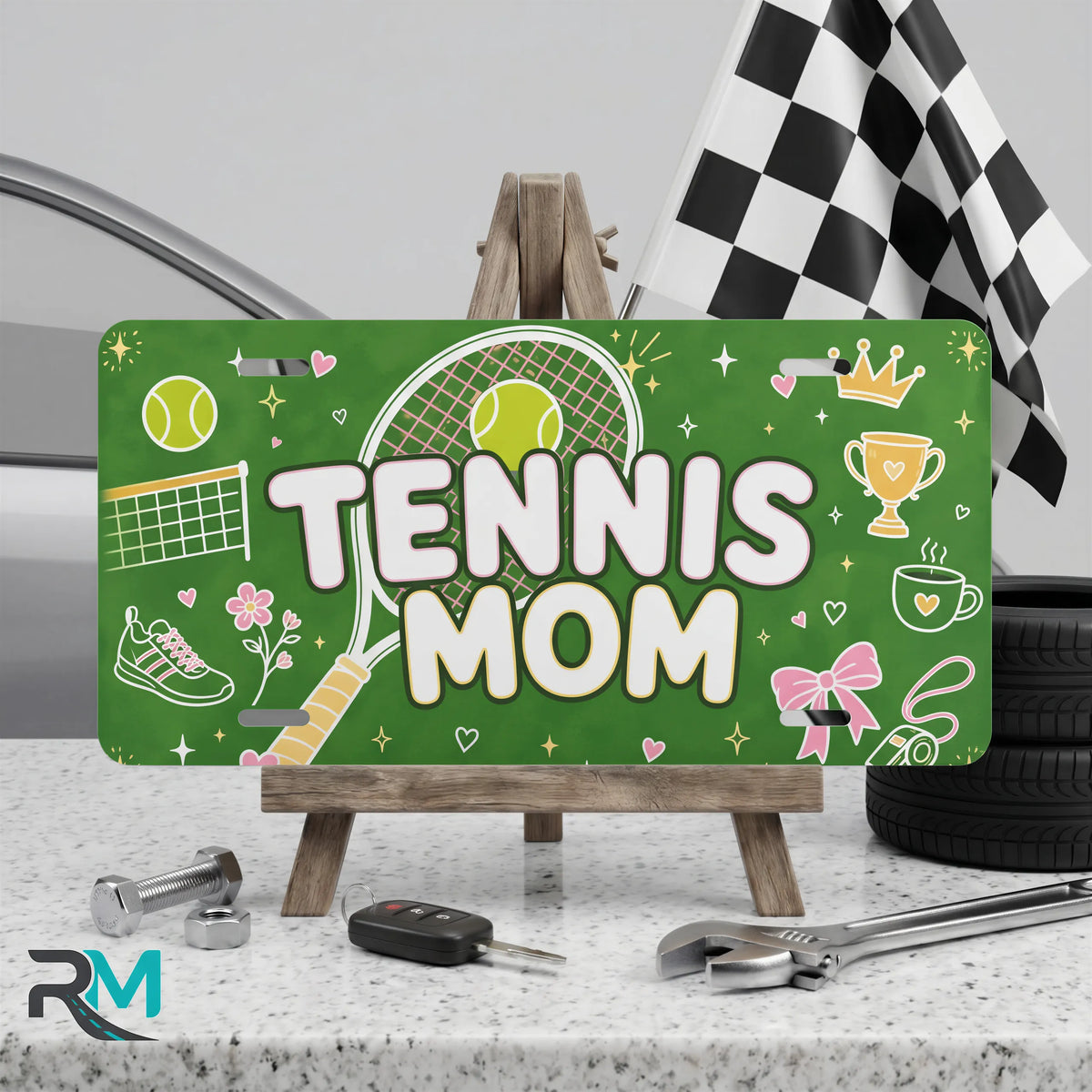 tennis mom vanity plate on display stand — fresh green tennis racket ball aluminum plate