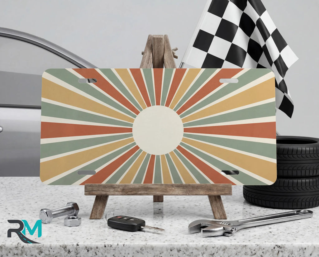 retro vintage rays vanity plate on display stand — muted rust mustard sage aluminum plate