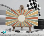 retro vintage rays vanity plate on display stand — muted rust mustard sage aluminum plate
