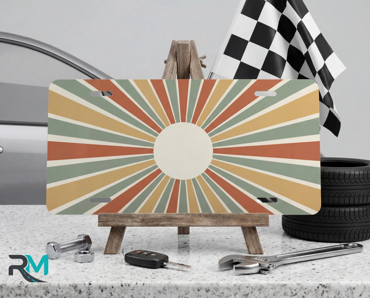 retro vintage rays vanity plate on display stand — muted rust mustard sage aluminum plate