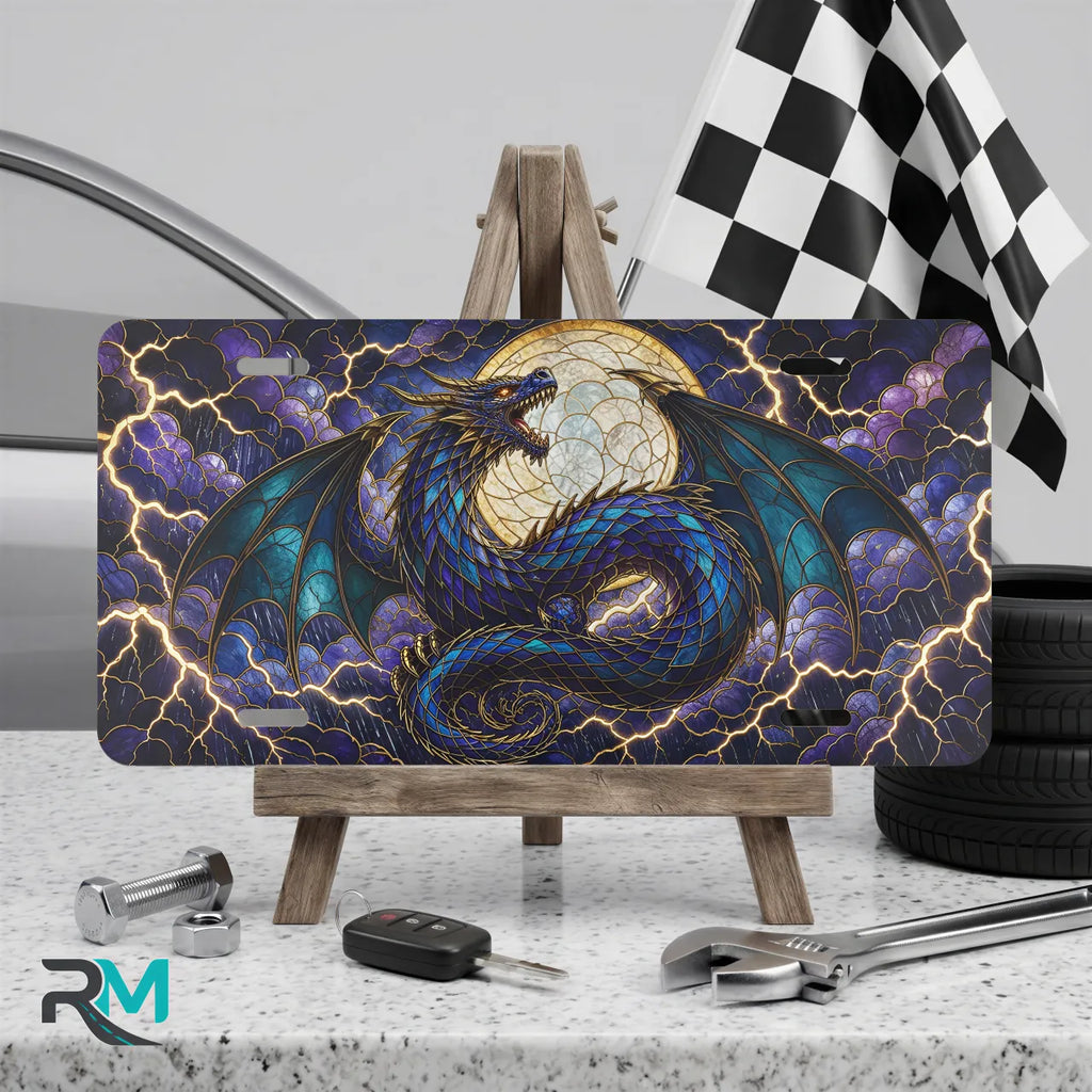 blue dragon vanity plate on display stand — jewel blue teal dragon moon aluminum plate