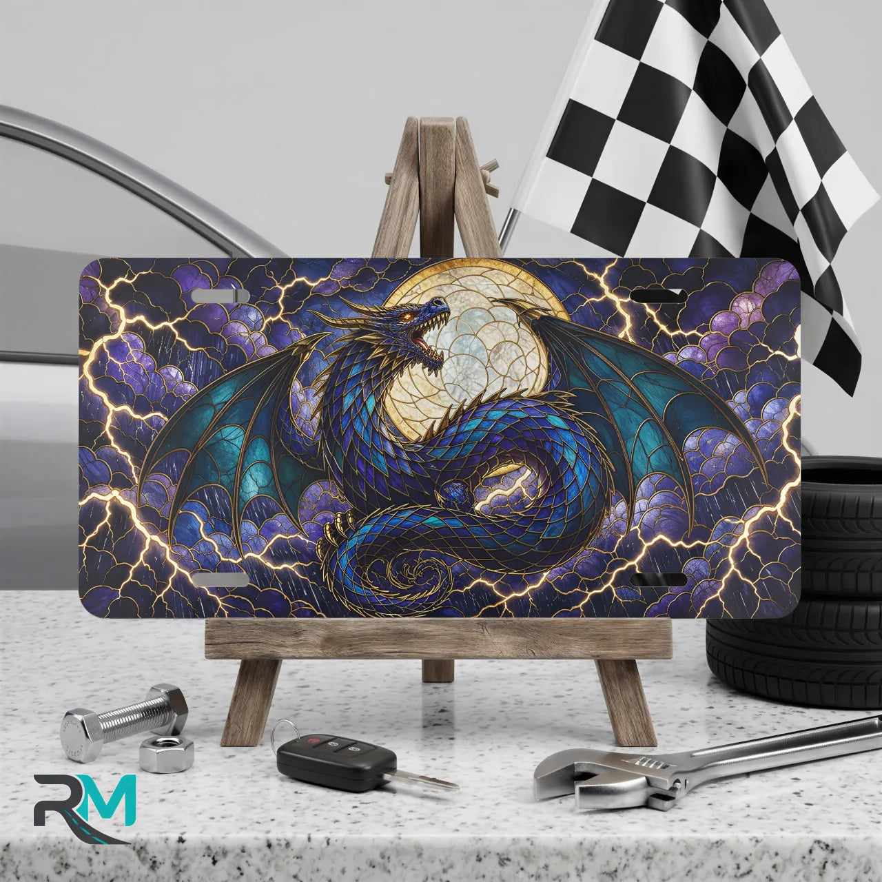 blue dragon vanity plate on display stand — jewel blue teal dragon moon aluminum plate