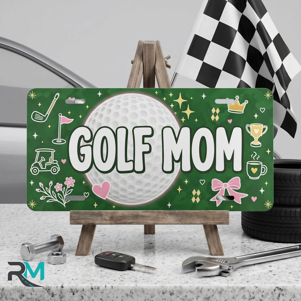 golf mom vanity plate on display stand — deep green golf ball trophy aluminum plate