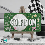 golf mom vanity plate on display stand — deep green golf ball trophy aluminum plate