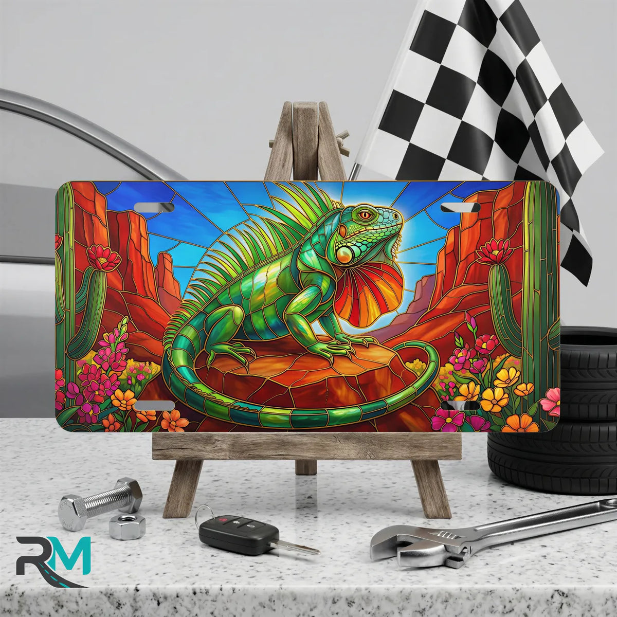 green iguana vanity plate on display stand — jewel green iguana cactus canyon aluminum plate