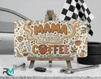 mama needs coffee vanity plate on display stand — warm brown cream coffee aluminum plate