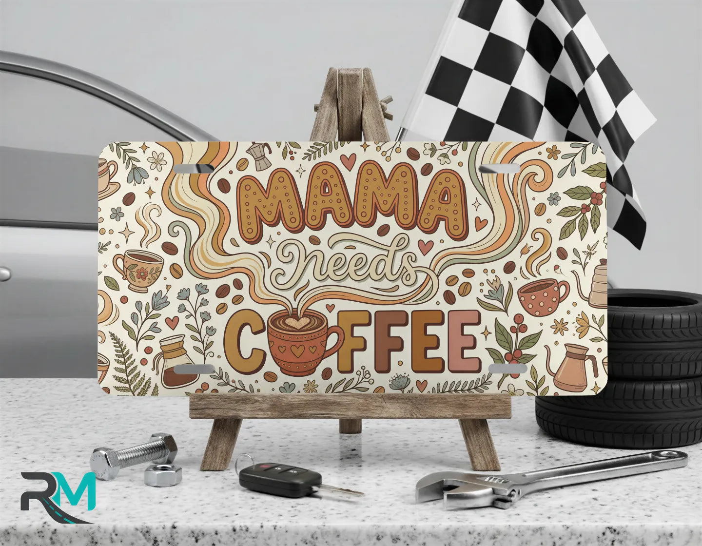 mama needs coffee vanity plate on display stand — warm brown cream coffee aluminum plate
