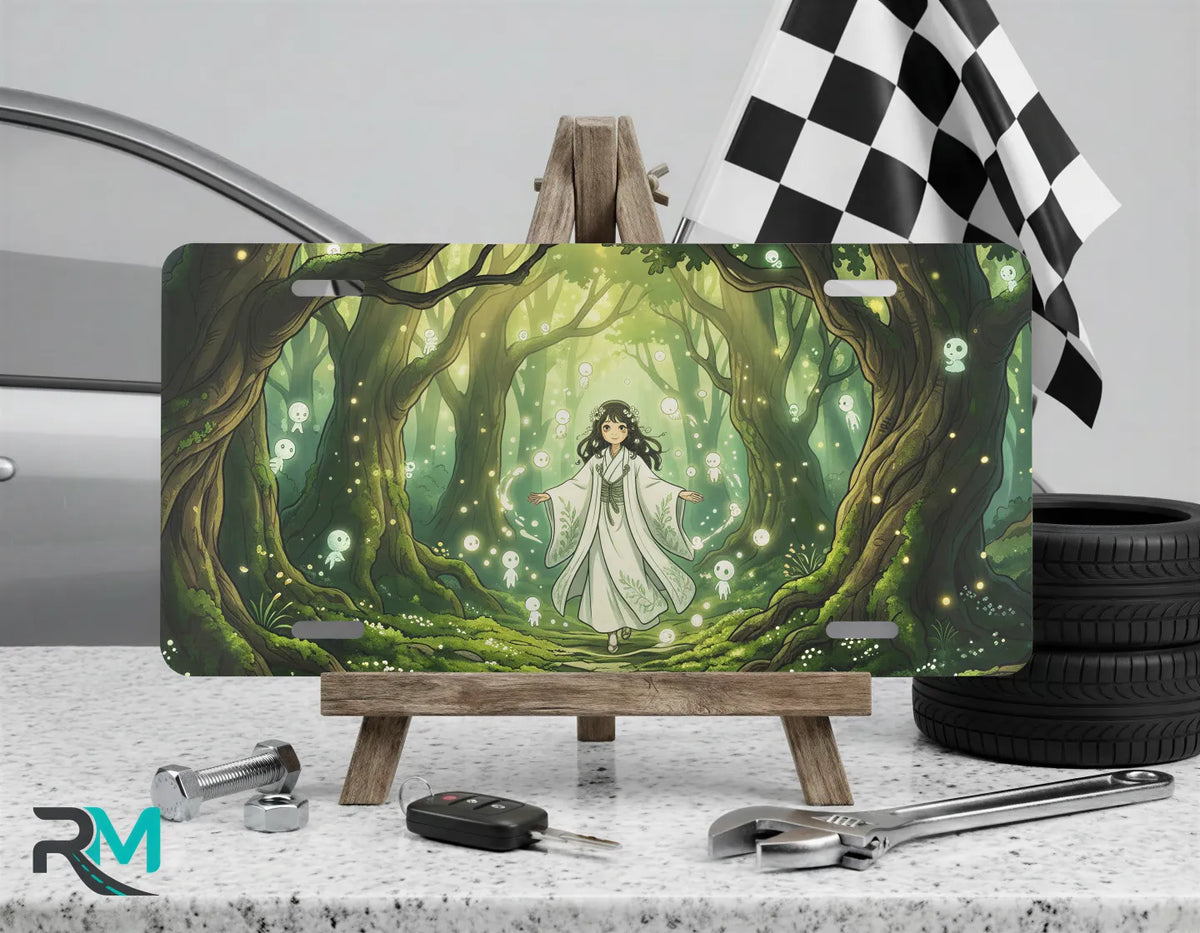 forest spirit enchanted grove vanity plate on display stand — moonlit glade spirit lights aluminum plate