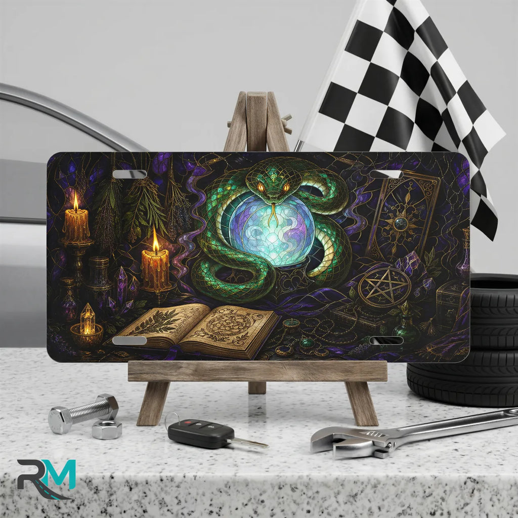 green serpent crystal ball vanity plate on display stand — jewel green serpent orb aluminum plate