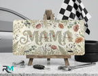 mom life vanity plate on display stand — simple clean aluminum license plate