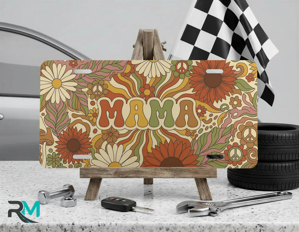 mama retro floral vanity plate on display stand — warm rust mustard daisy aluminum plate
