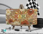 mama retro floral vanity plate on display stand — warm rust mustard daisy aluminum plate