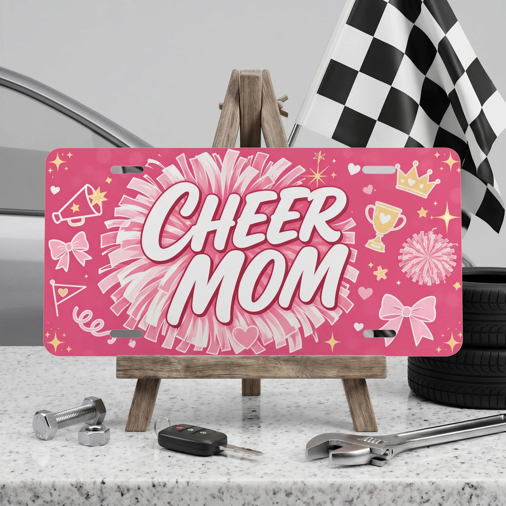 cheer mom vanity plate on display stand — hot pink pom-pom bow aluminum plate