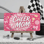 cheer mom vanity plate on display stand — hot pink pom-pom bow aluminum plate