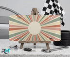 retro earth tone vanity plate on display stand — sandy cream sage terracotta aluminum plate