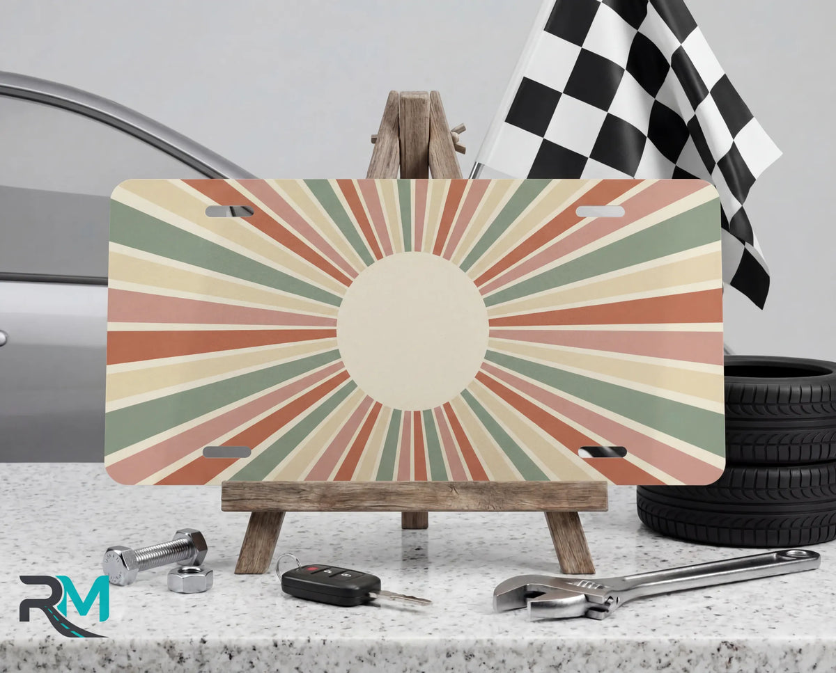 retro earth tone vanity plate on display stand — sandy cream sage terracotta aluminum plate