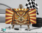 owl illustration vanity plate on display stand — warm amber gold wildlife aluminum plate