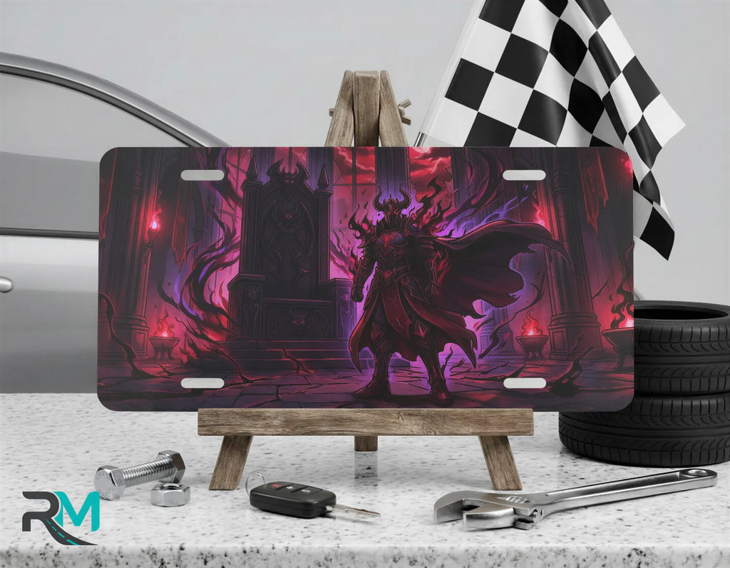 dark demon lord vanity plate on display stand — deep crimson violet demon lord throne aluminum plate