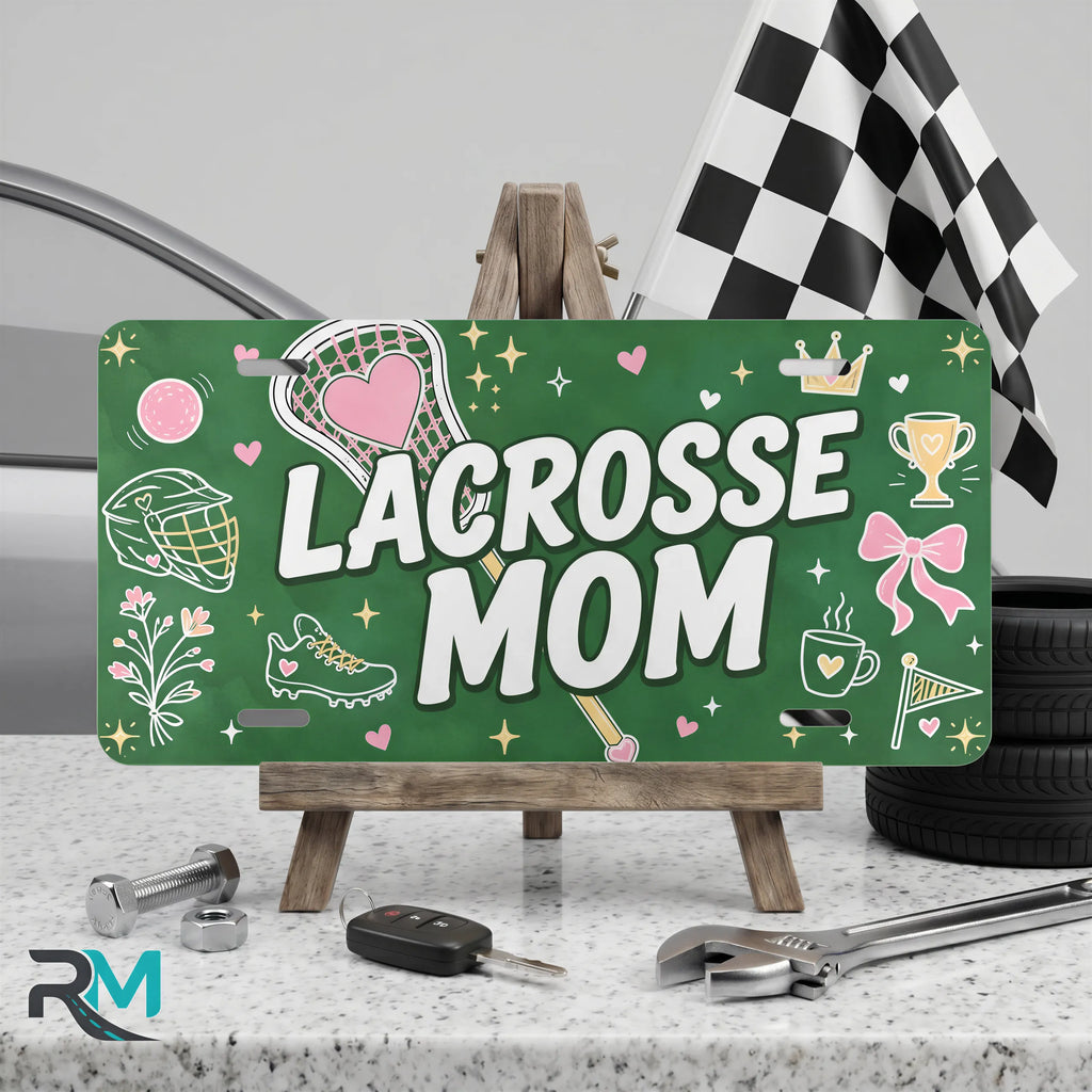 lacrosse mom vanity plate on display stand — deep green pink lacrosse aluminum plate