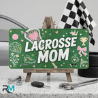 lacrosse mom vanity plate on display stand — deep green pink lacrosse aluminum plate