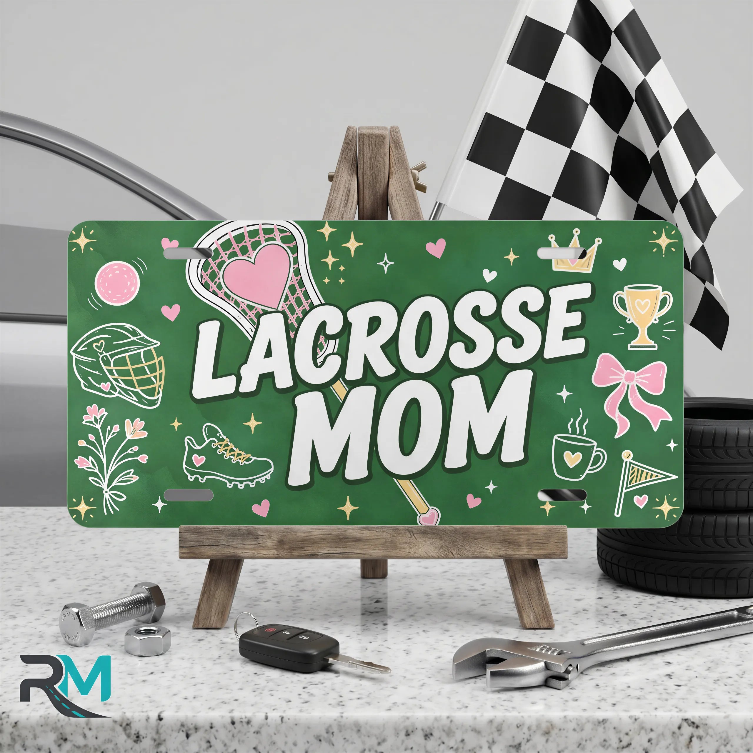 lacrosse mom vanity plate on display stand — deep green pink lacrosse aluminum plate