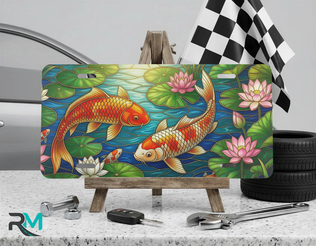 koi pond vanity plate on display stand — orange koi blue-green lily pond aluminum plate
