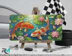 koi pond vanity plate on display stand — orange koi blue-green lily pond aluminum plate
