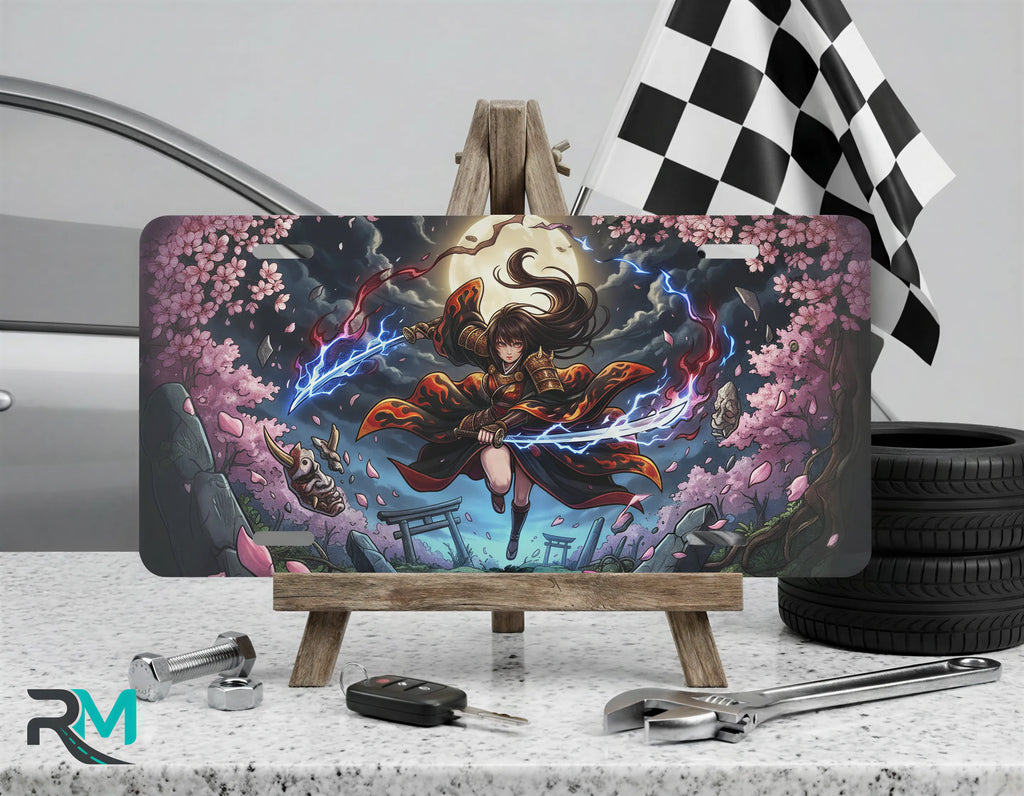 moonlit duel samurai girl vanity plate on display stand — electric blue arcane heroine sakura aluminum plate