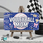 volleyball mom vanity plate on display stand — deep navy pink volleyball aluminum plate