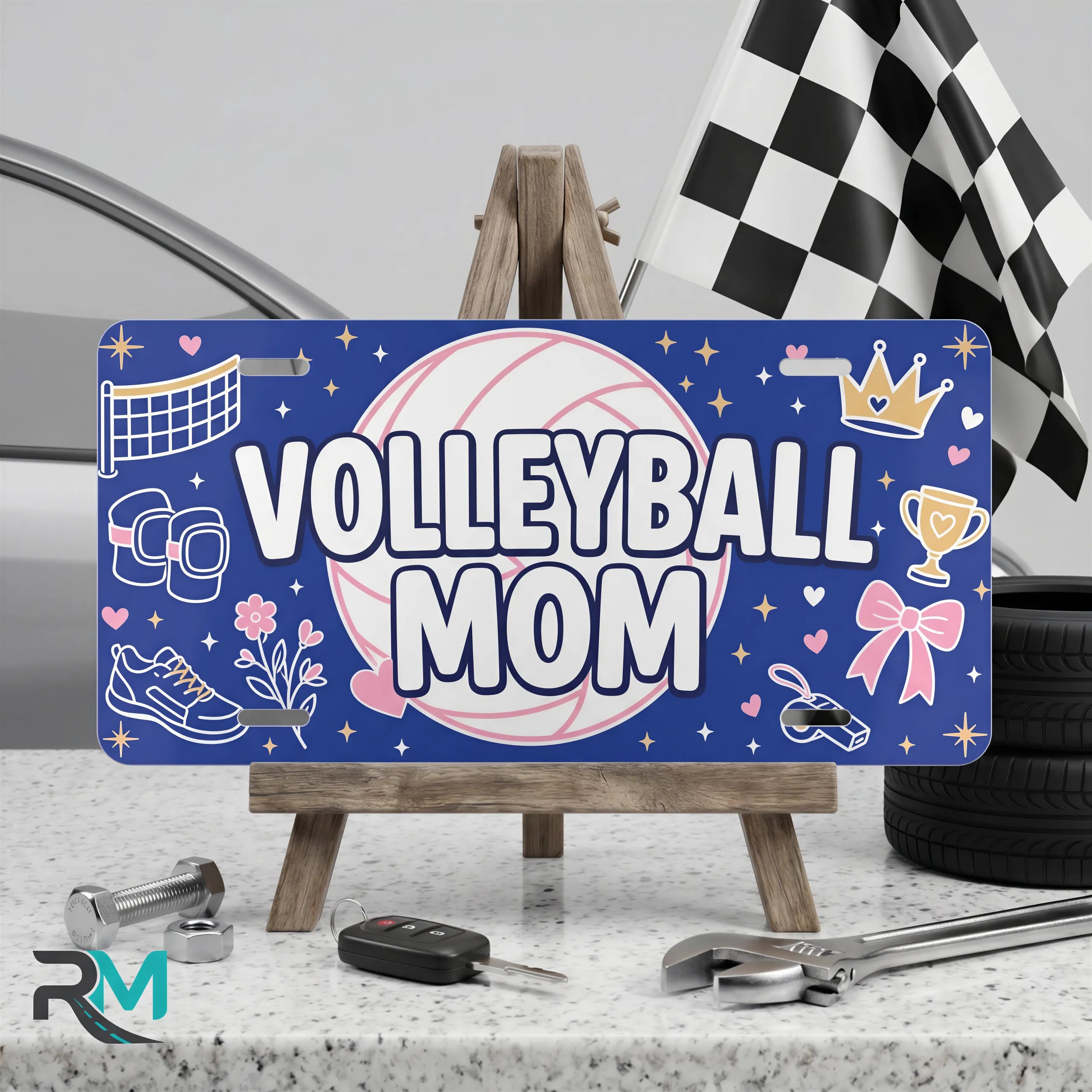 volleyball mom vanity plate on display stand — deep navy pink volleyball aluminum plate