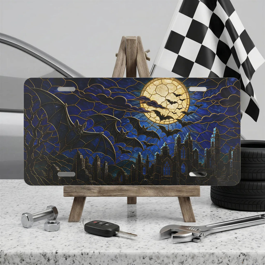 full moon bats vanity plate on display stand — midnight blue bat silhouette cracked moon aluminum plate