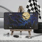 full moon bats vanity plate on display stand — midnight blue bat silhouette cracked moon aluminum plate